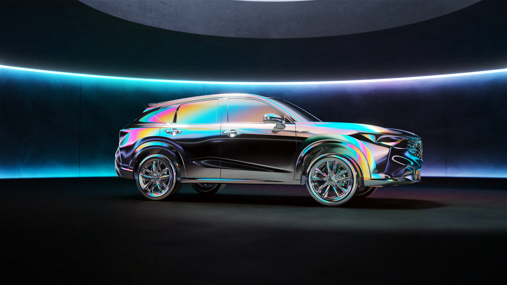 Iridescent ADX in a dark studio ring