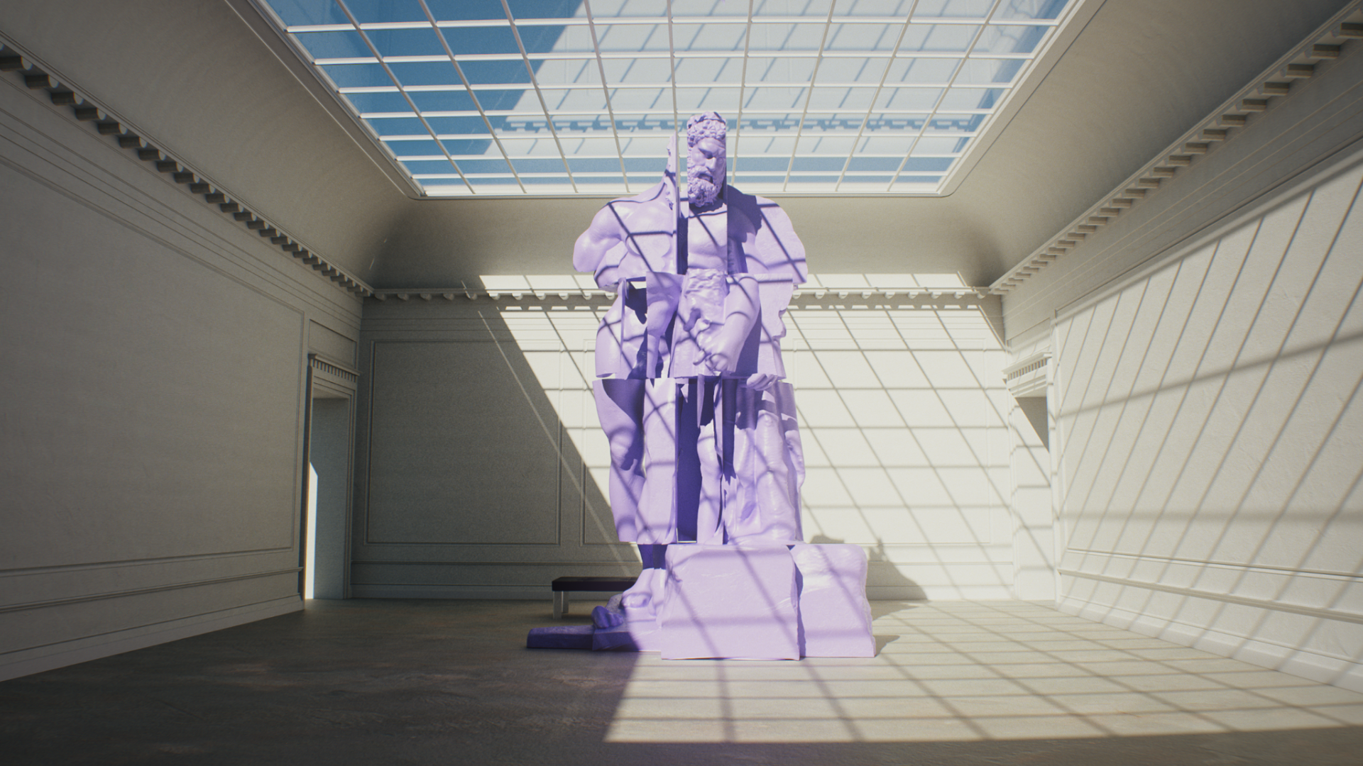 Concept art: violet statue in a white hall