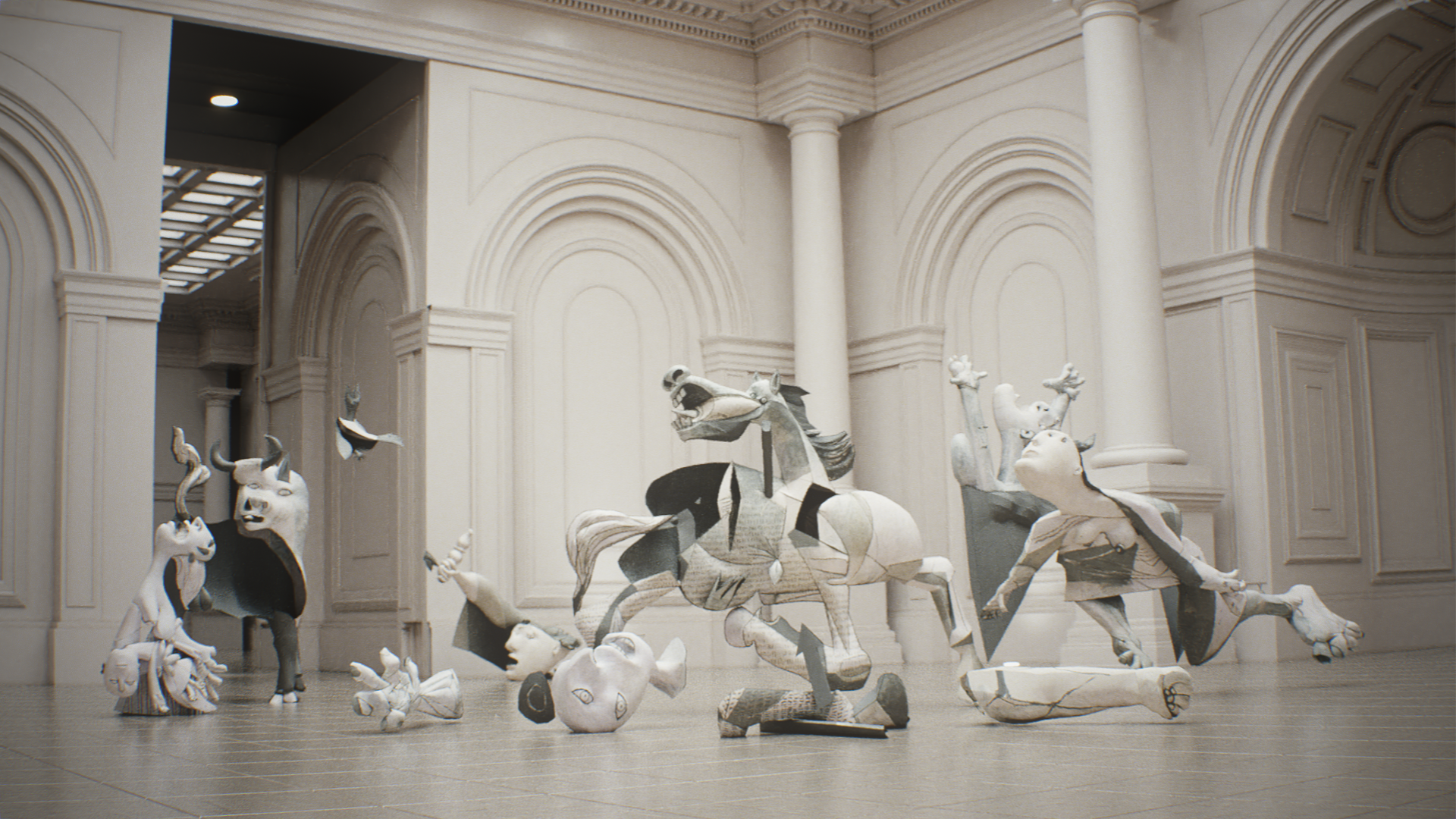 Concept art: classical sculptures in a gallery