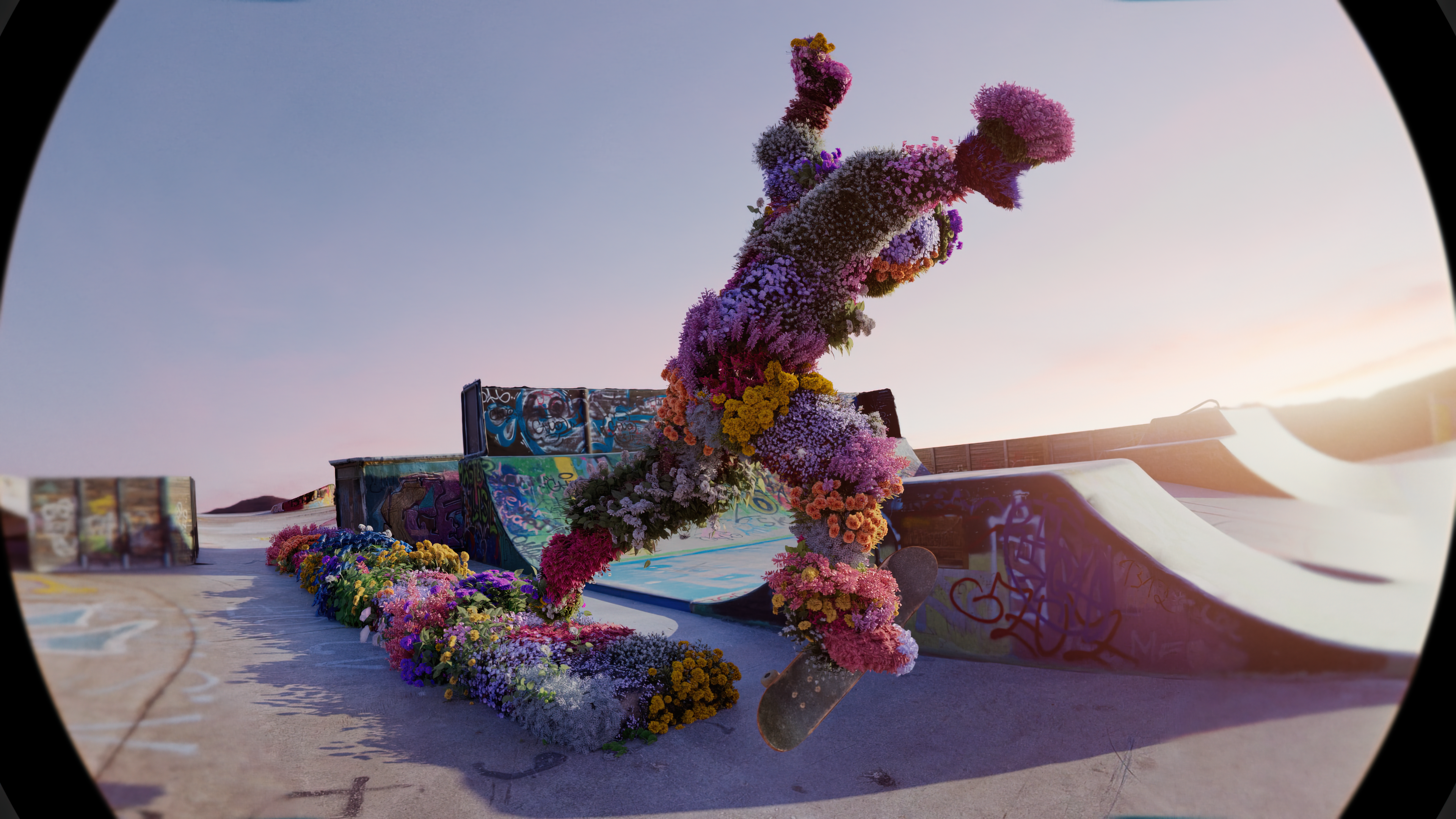 Floral skater mid-air in a desert skatepark