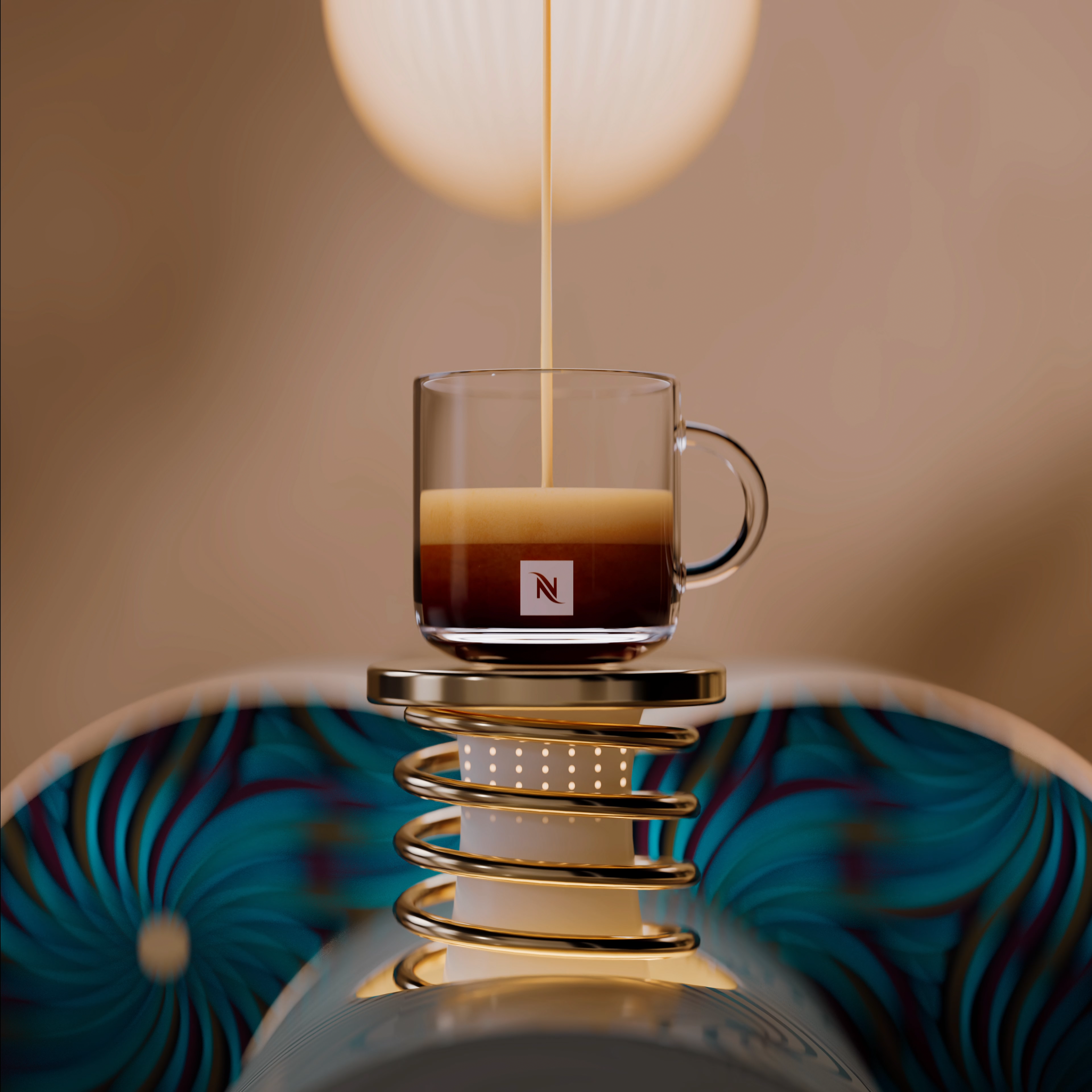 Espresso glass filling on a spring platform