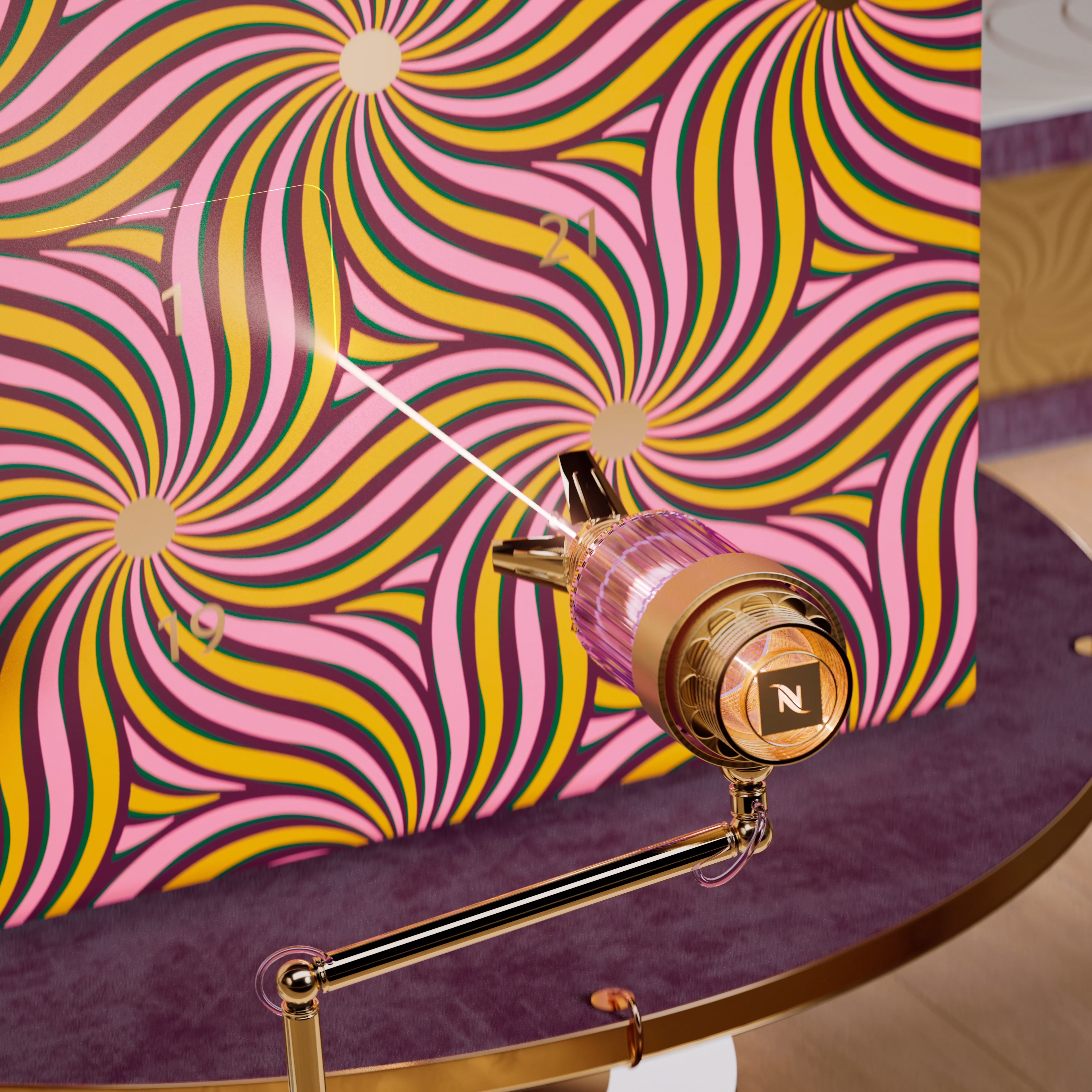 Capsule against a swirling pink and gold backdrop