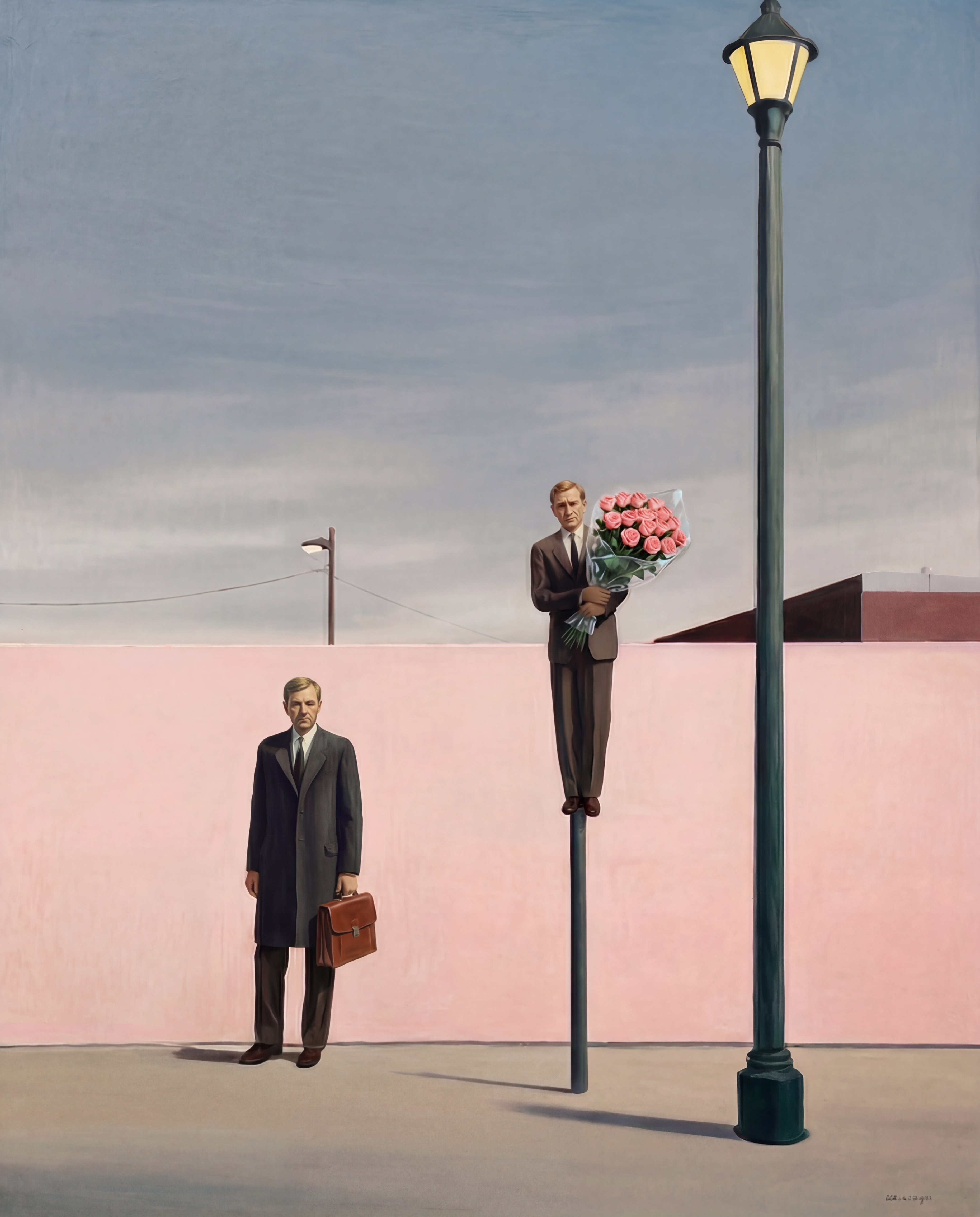 Two men in suits by a pink wall, one perched on a pole holding roses