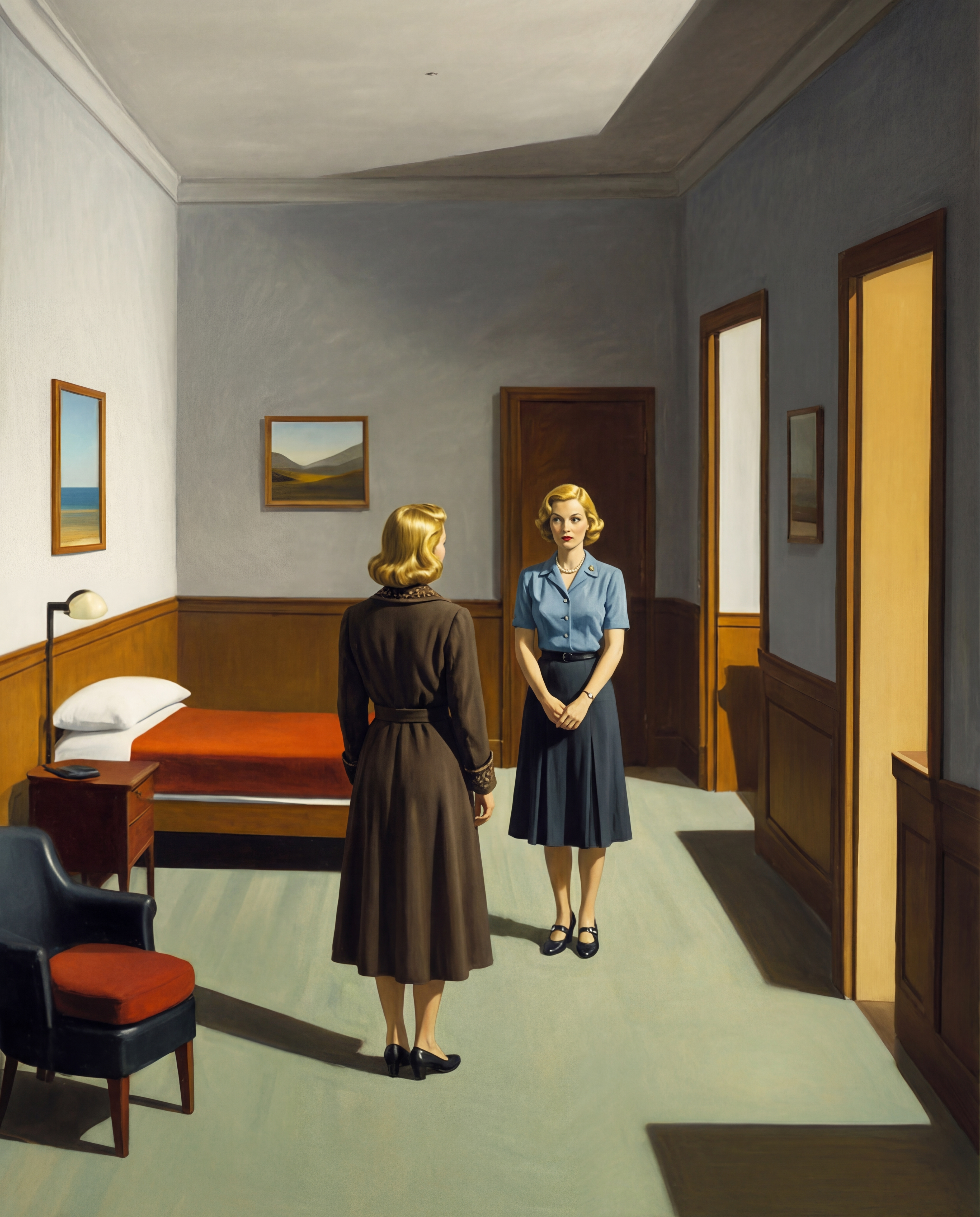 Two women facing each other in a hotel room