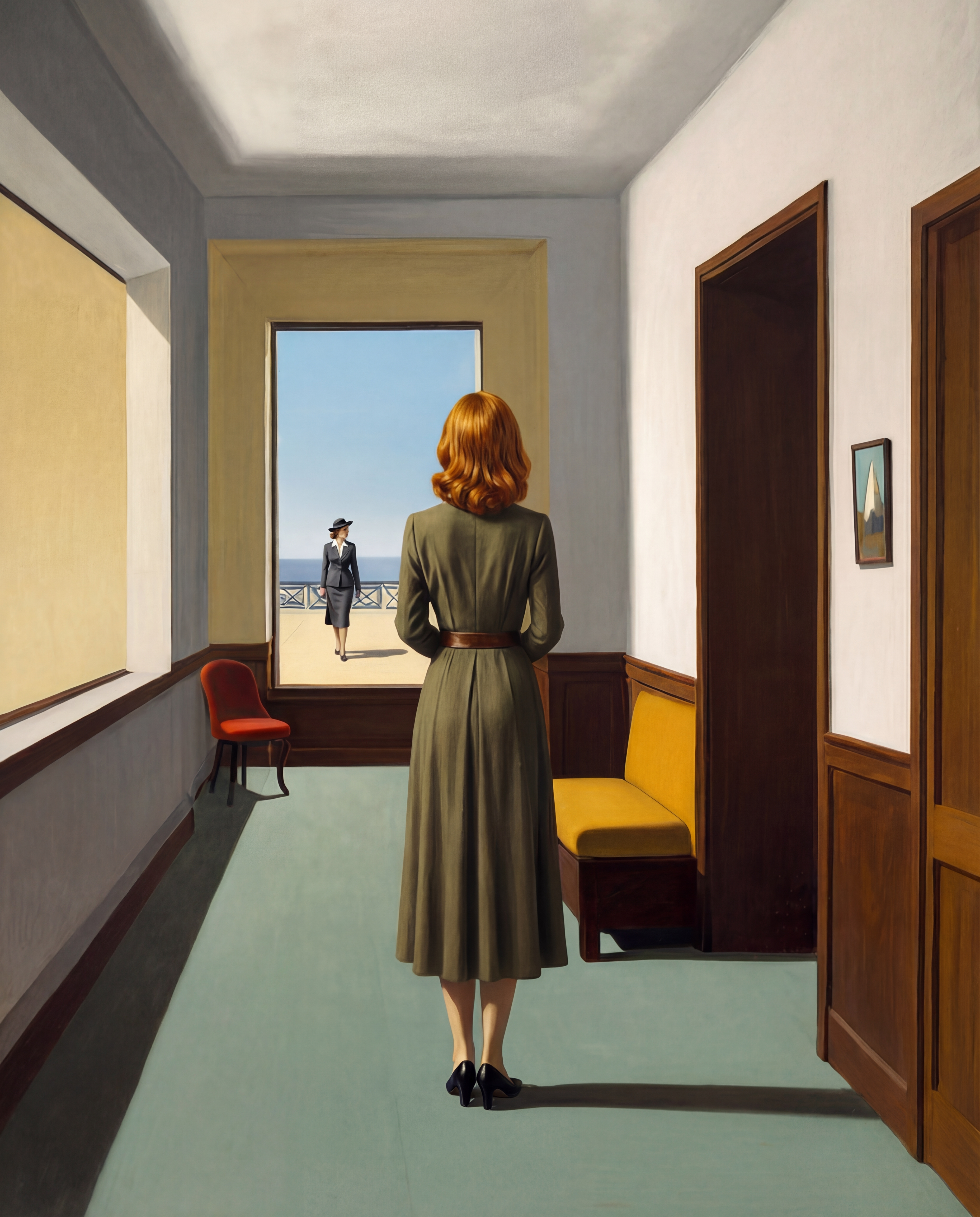 Woman in a corridor looking out to a figure by the sea