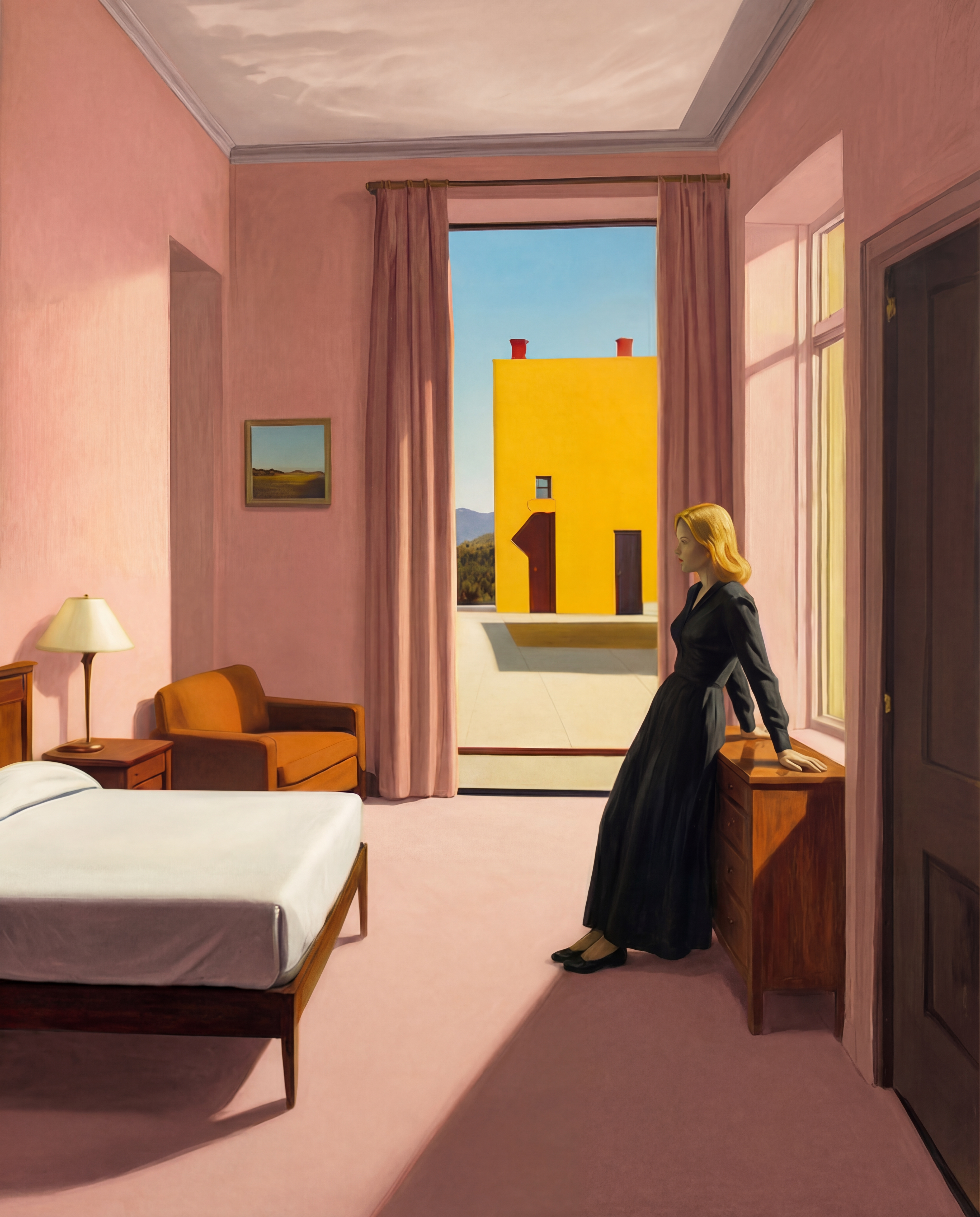 Woman in black in a pink room facing a yellow building
