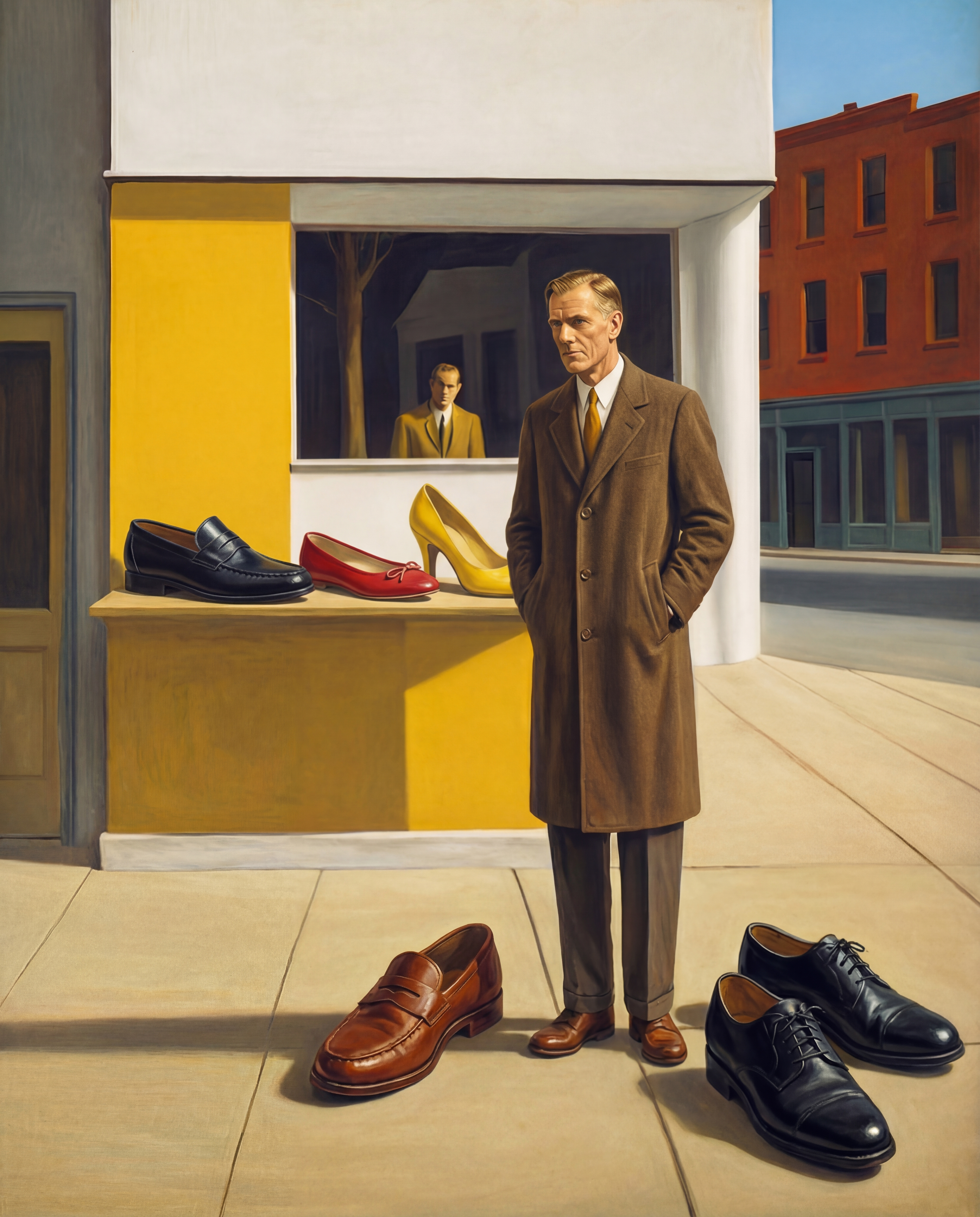 Man among oversized shoes outside a shop window
