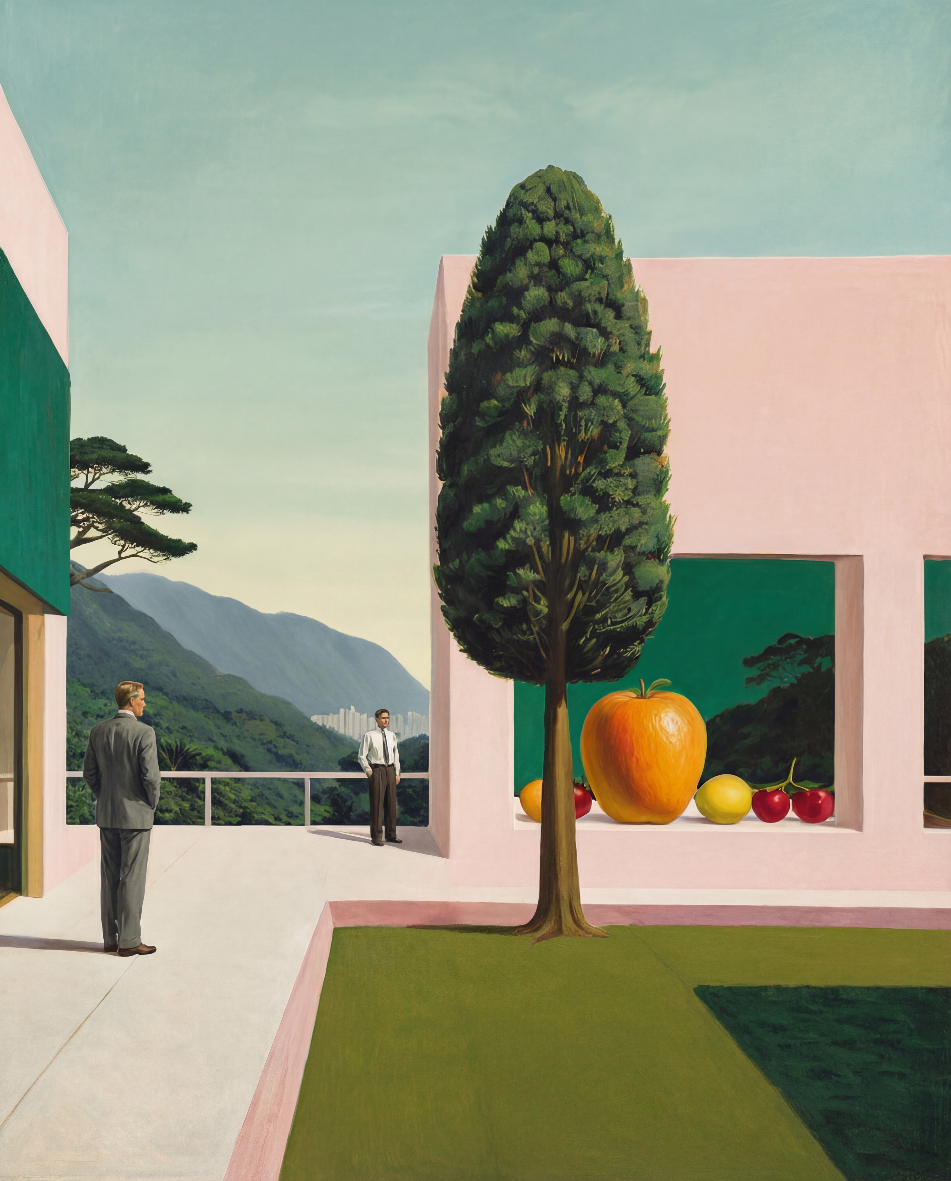 Pink courtyard with a cypress and a giant orange
