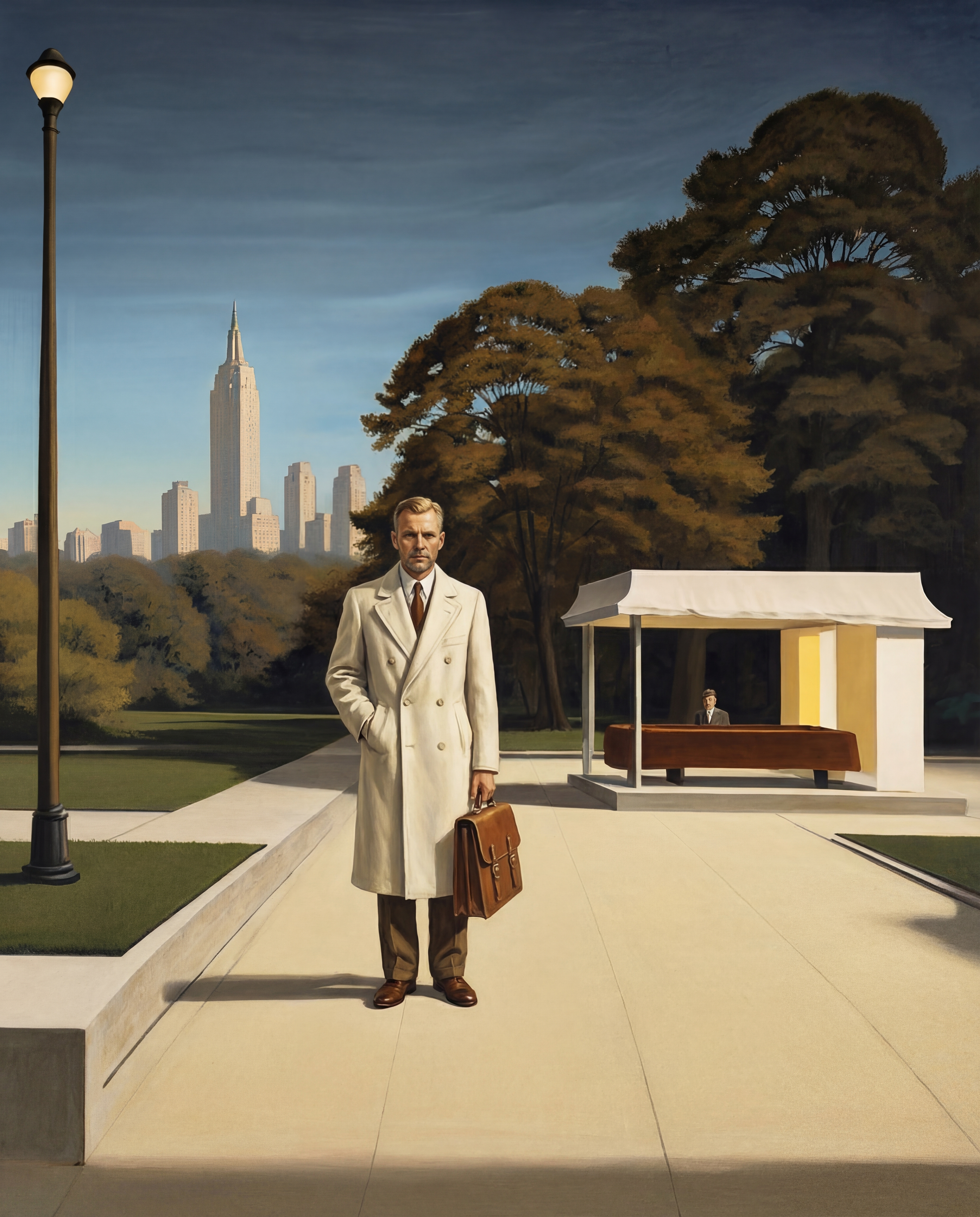 Man in a white coat in a park below the Empire State Building