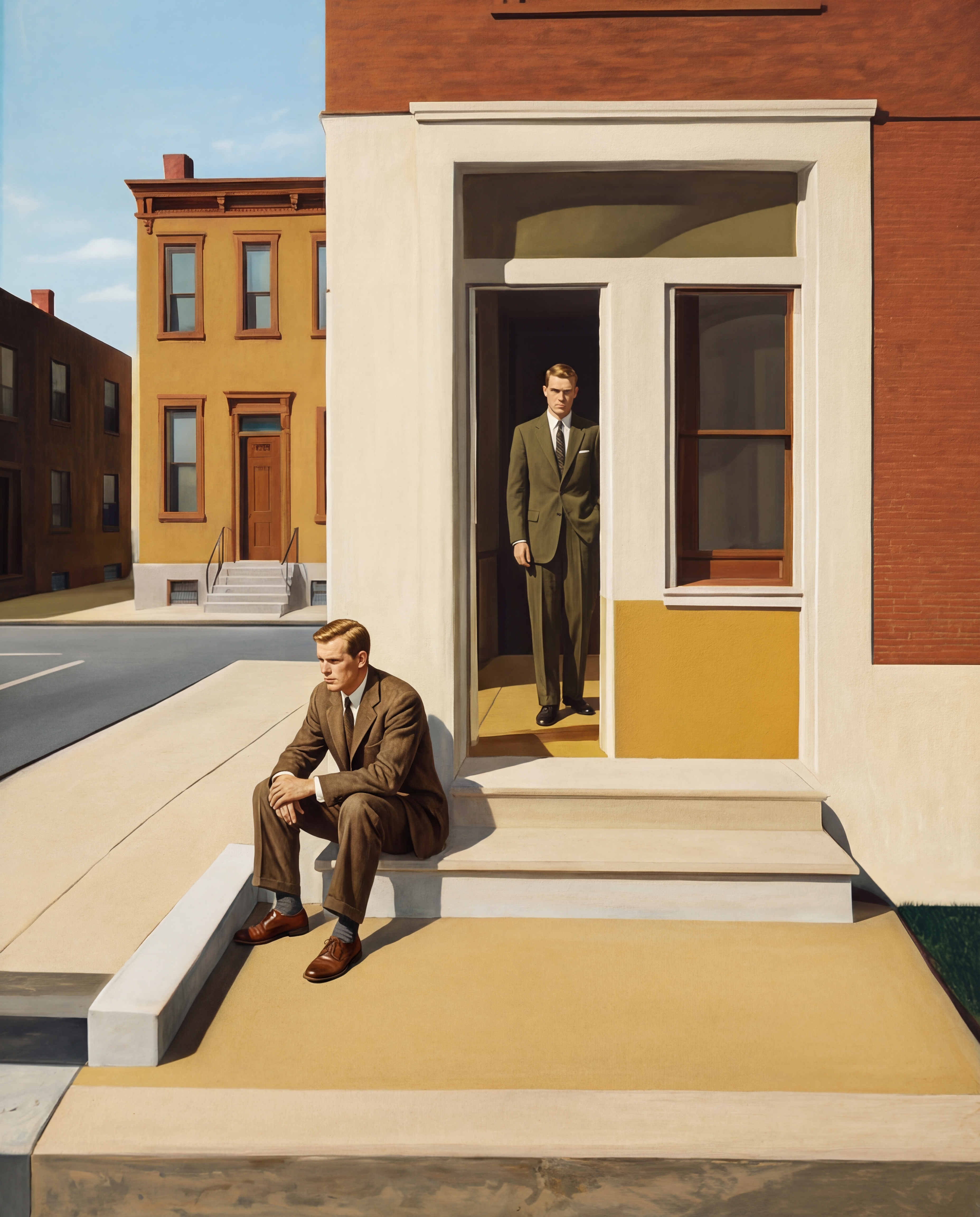 Man seated on steps, another in a doorway