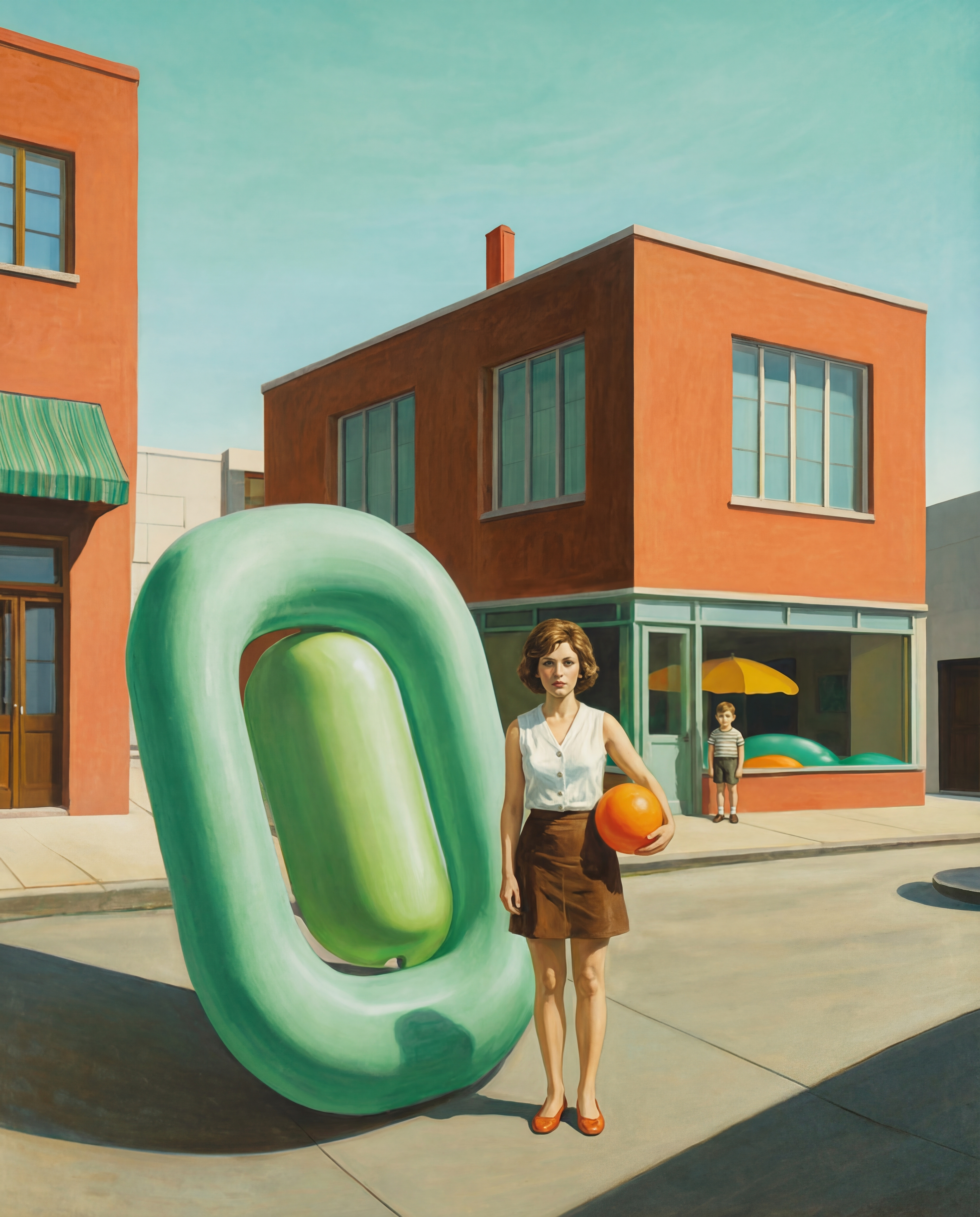 Woman with an orange ball beside a giant green loop