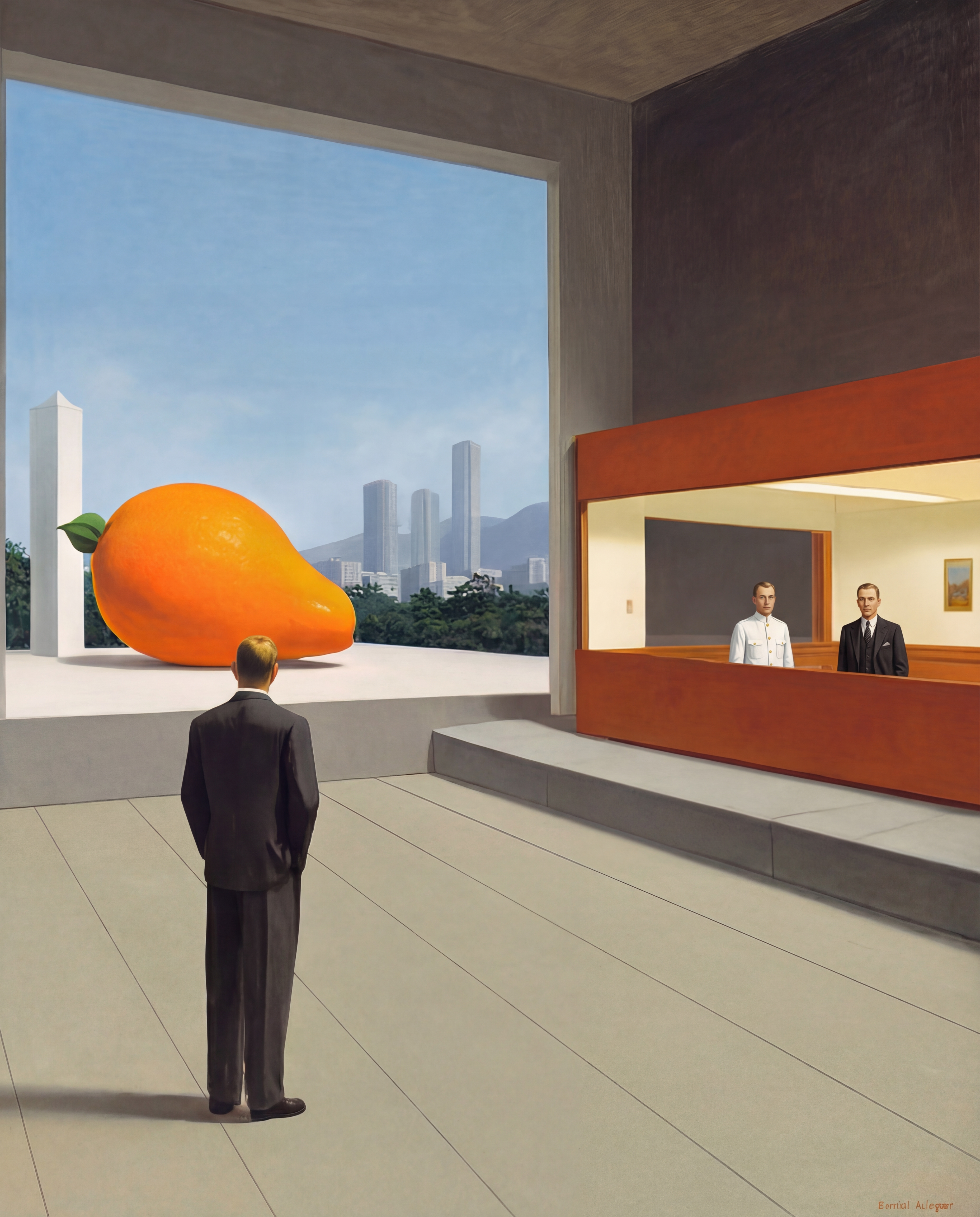 Man facing a giant orange through a gallery opening