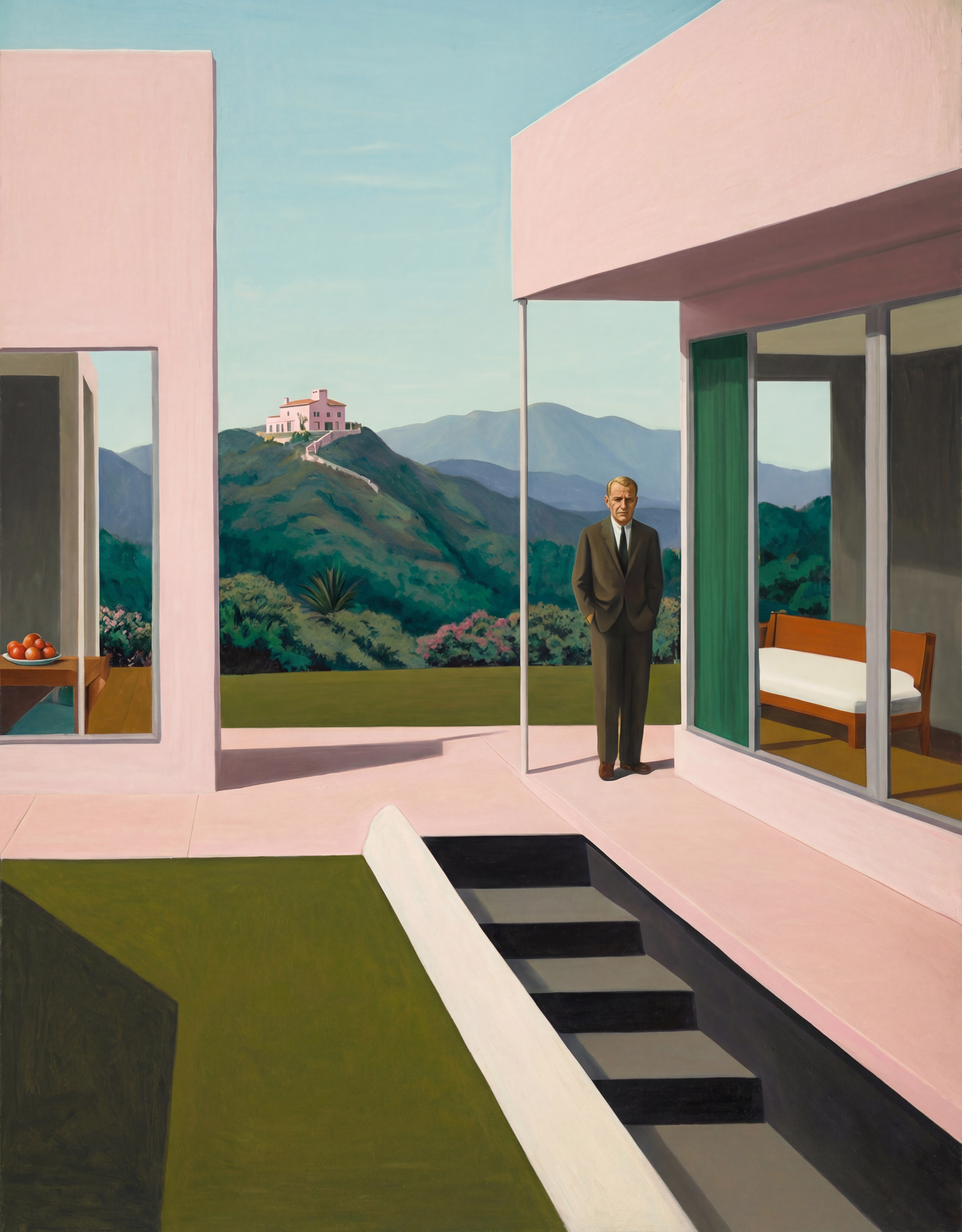 Man on a pink modernist terrace above green hills