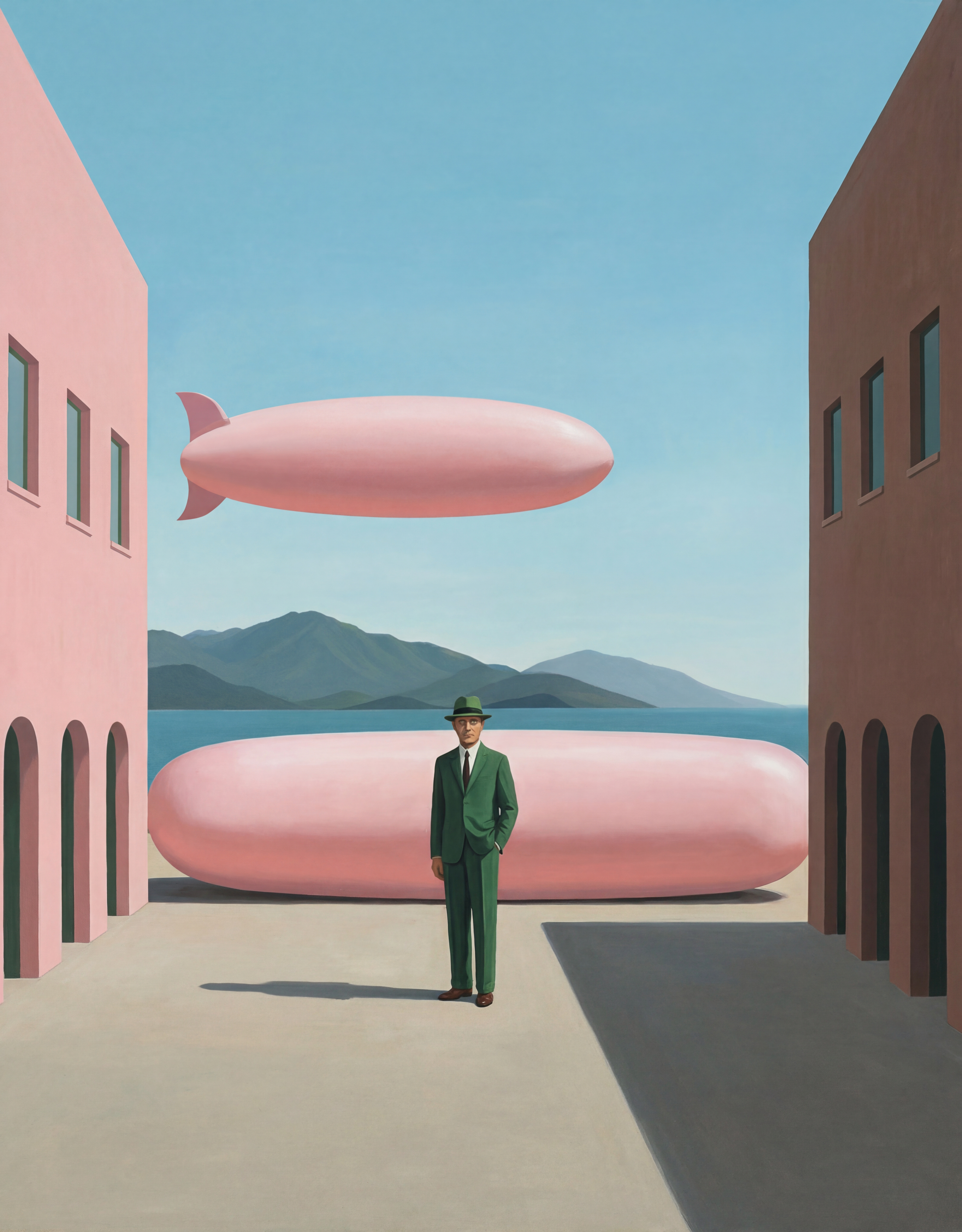 Man in green beneath two pink blimps