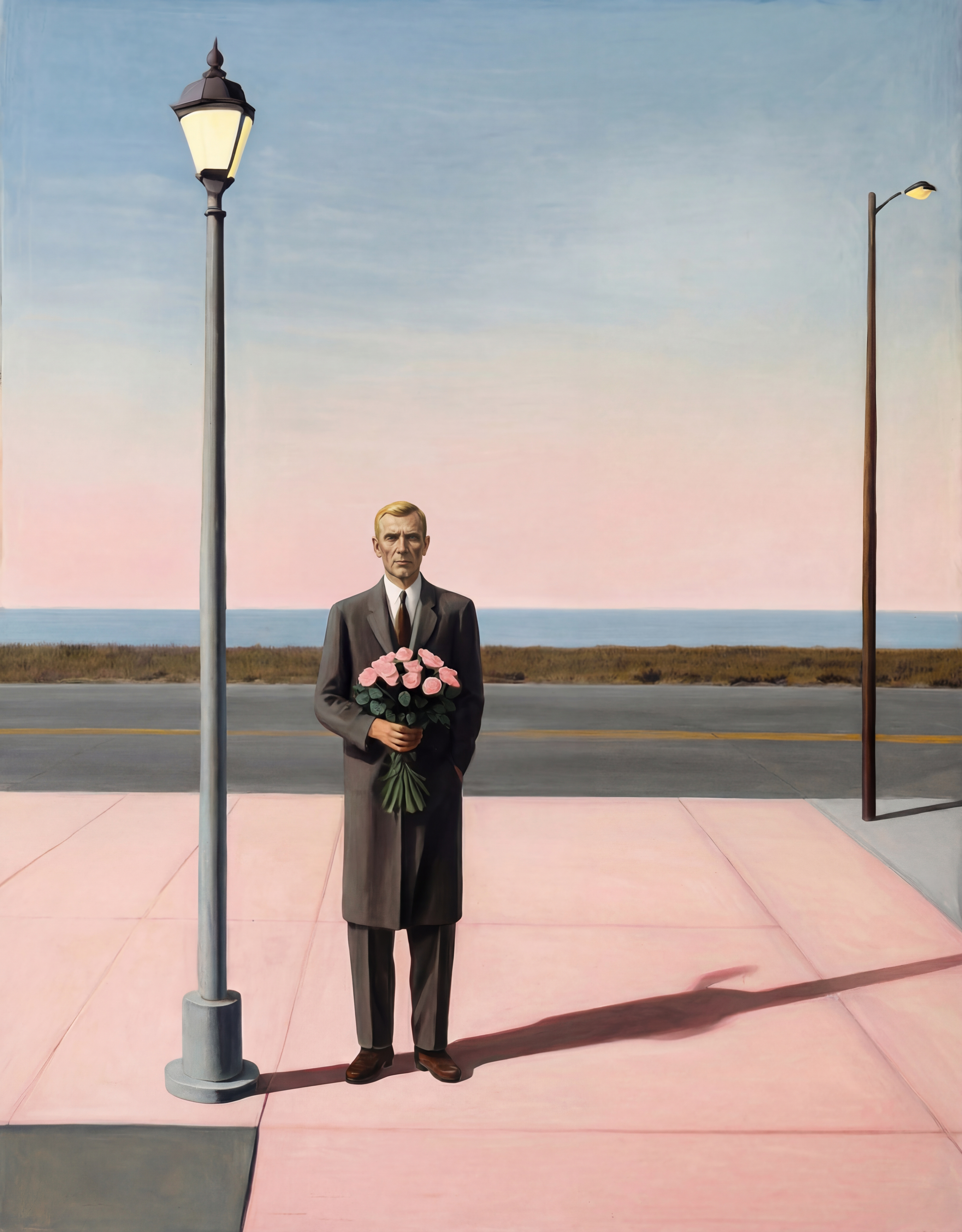Man holding pink roses on a pink pavement by the sea