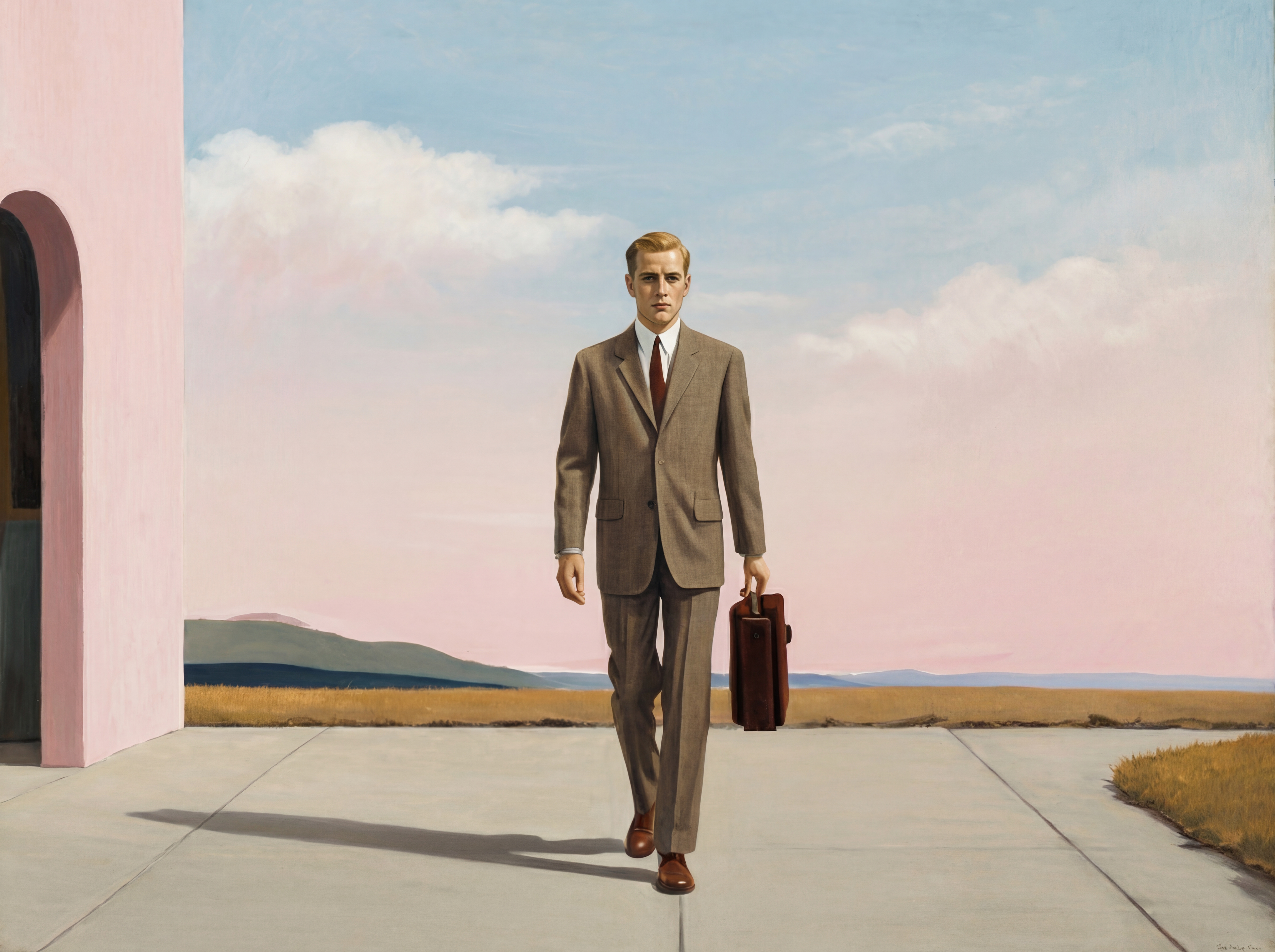 Man with a briefcase walking past a pink arch