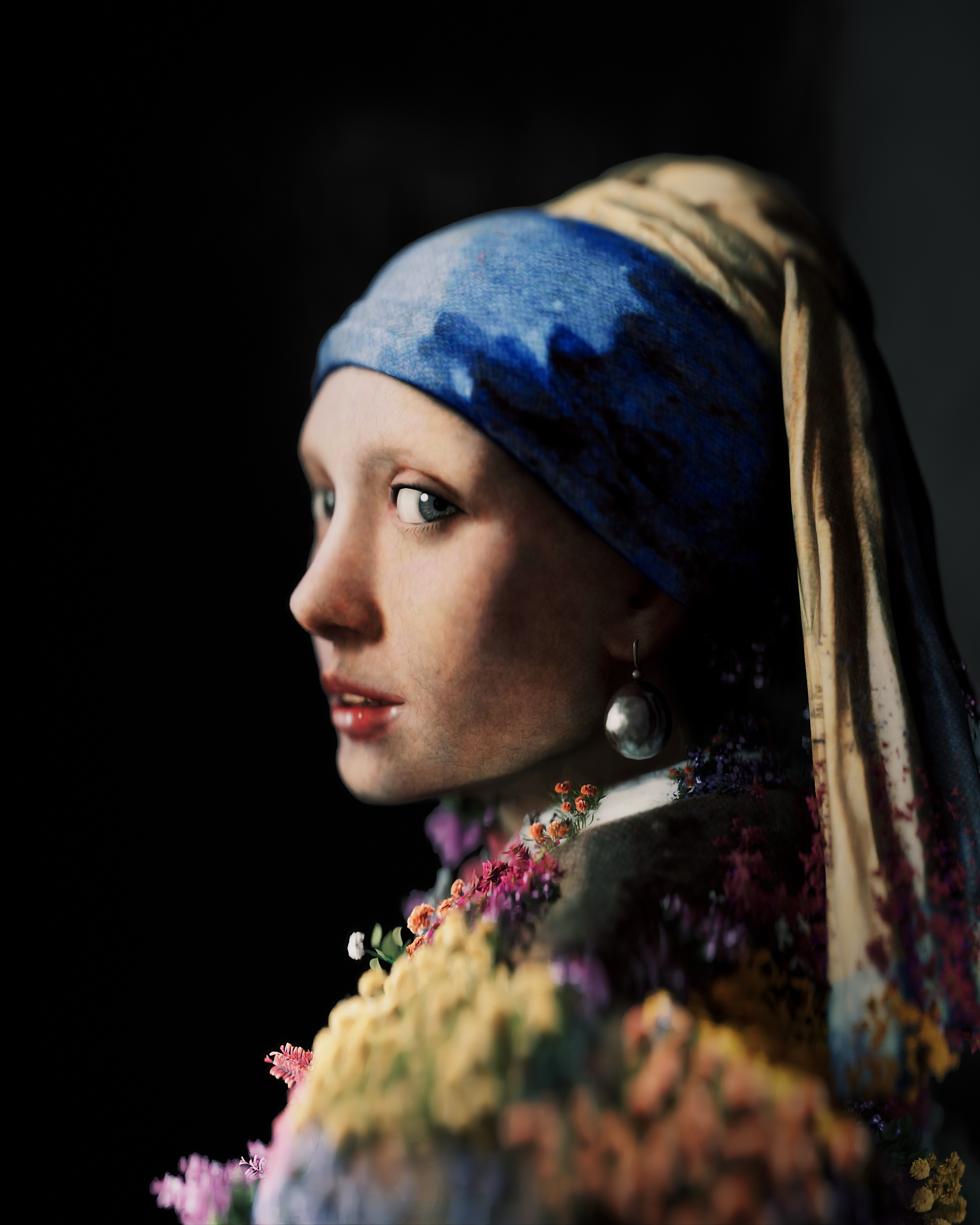 Girl with a Pearl Earring, reimagined with blooming florals