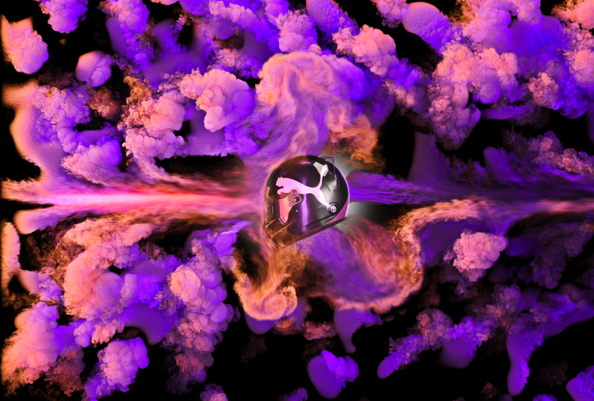 Helmet bursting into violet smoke